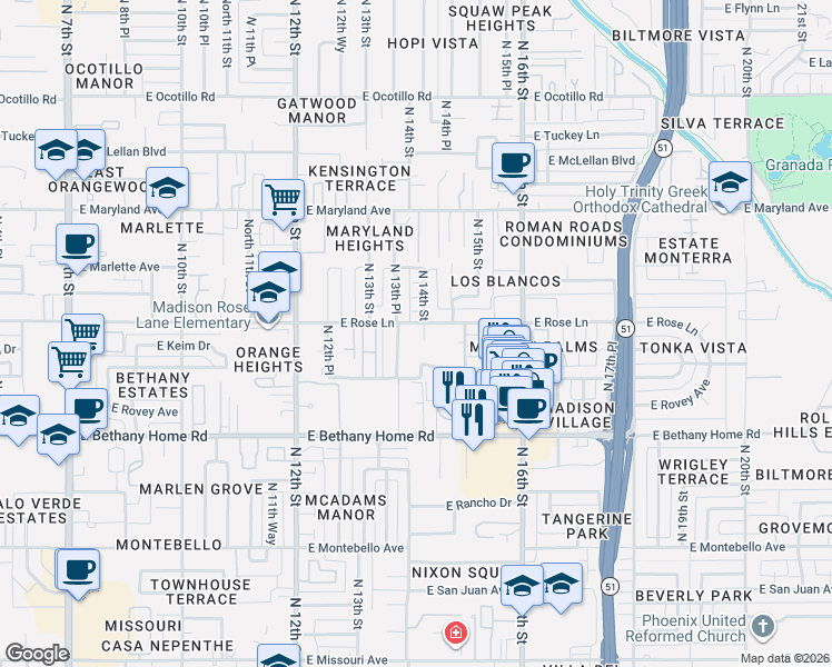 map of restaurants, bars, coffee shops, grocery stores, and more near 6114 North 14th Street in Phoenix