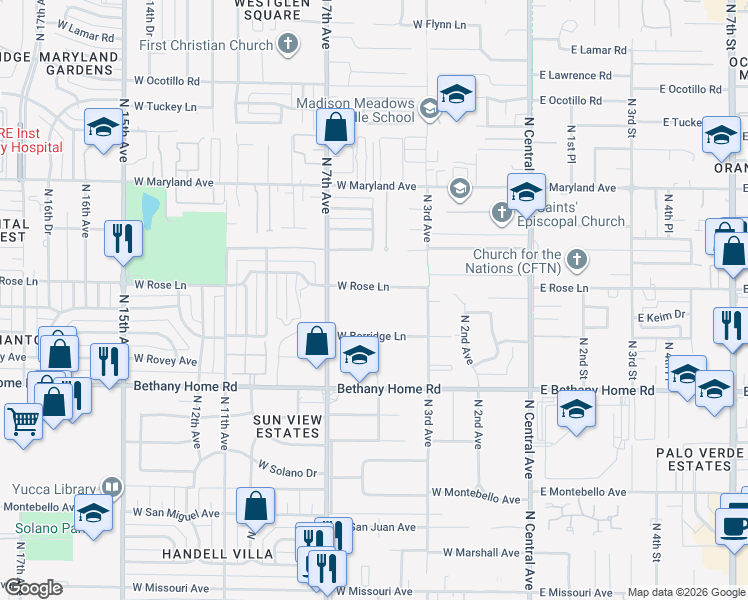 map of restaurants, bars, coffee shops, grocery stores, and more near 352 West Berridge Lane in Phoenix