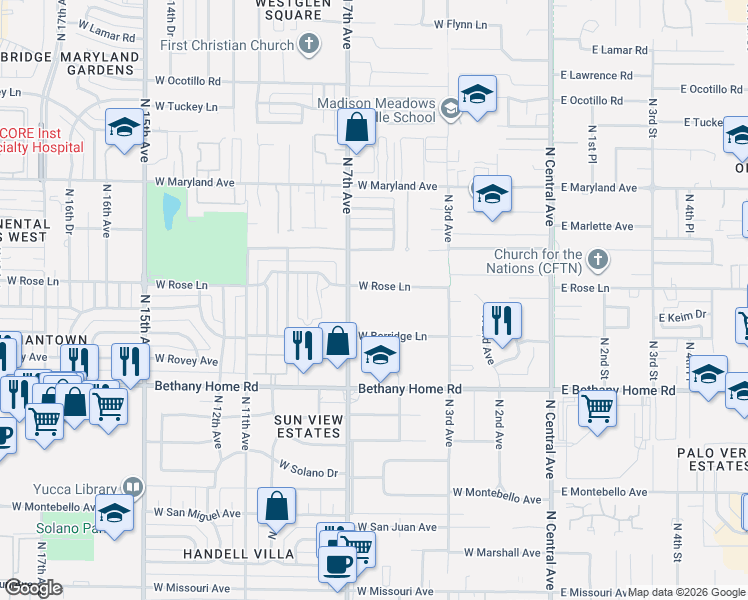 map of restaurants, bars, coffee shops, grocery stores, and more near 604 West Berridge Lane in Phoenix