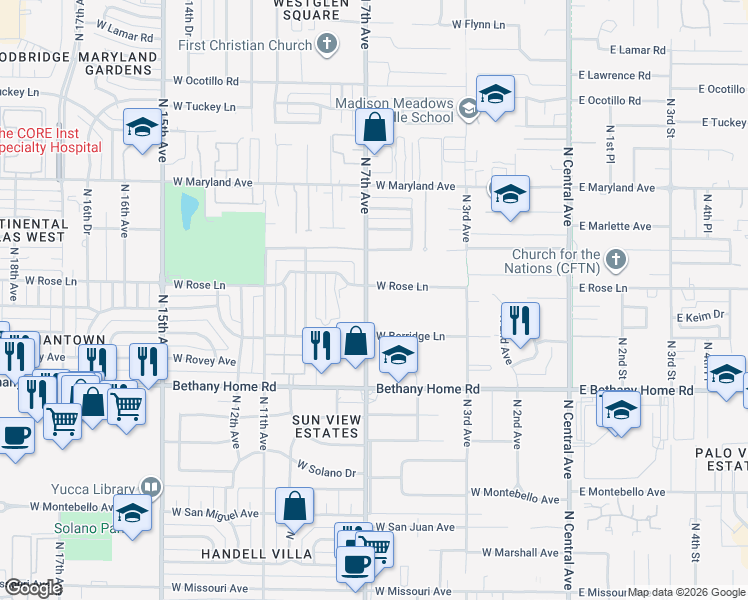 map of restaurants, bars, coffee shops, grocery stores, and more near 604 West Berridge Lane in Phoenix