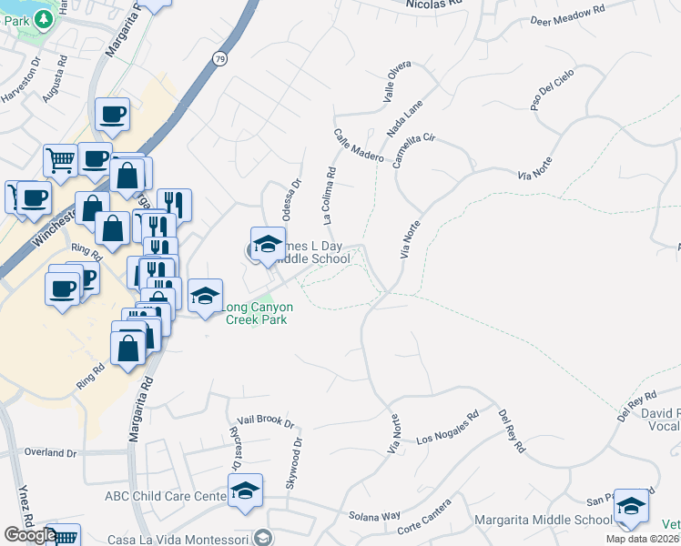 map of restaurants, bars, coffee shops, grocery stores, and more near North General Kearny Road in Temecula