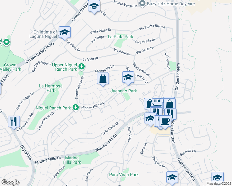 map of restaurants, bars, coffee shops, grocery stores, and more near 25032 Hidden Hills Road in Laguna Niguel