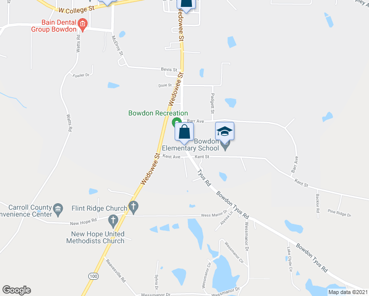 map of restaurants, bars, coffee shops, grocery stores, and more near 101 Kent Circle in Bowdon
