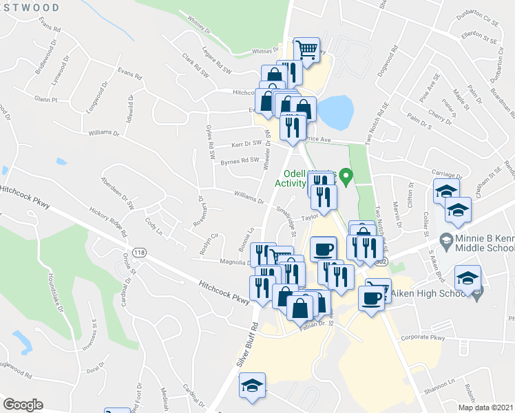 map of restaurants, bars, coffee shops, grocery stores, and more near 1003 Williams Drive in Aiken