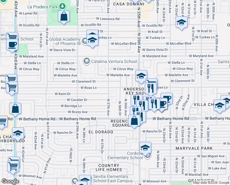 map of restaurants, bars, coffee shops, grocery stores, and more near 6122 North 36th Drive in Phoenix