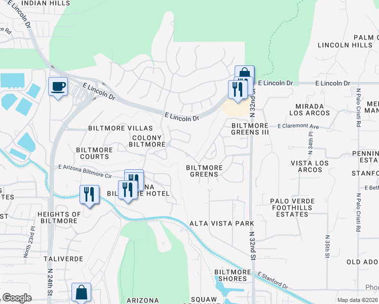 map of restaurants, bars, coffee shops, grocery stores, and more near 3058 East Claremont Avenue in Phoenix