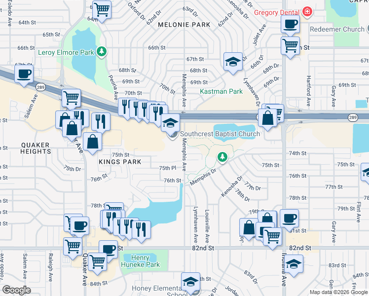 map of restaurants, bars, coffee shops, grocery stores, and more near 7400 Memphis Avenue in Lubbock
