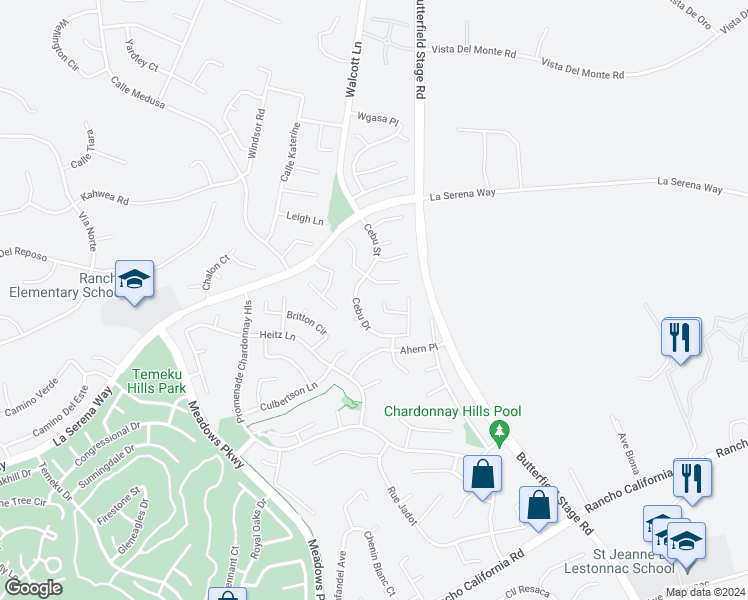 map of restaurants, bars, coffee shops, grocery stores, and more near 40820 Winchester Road in Temecula