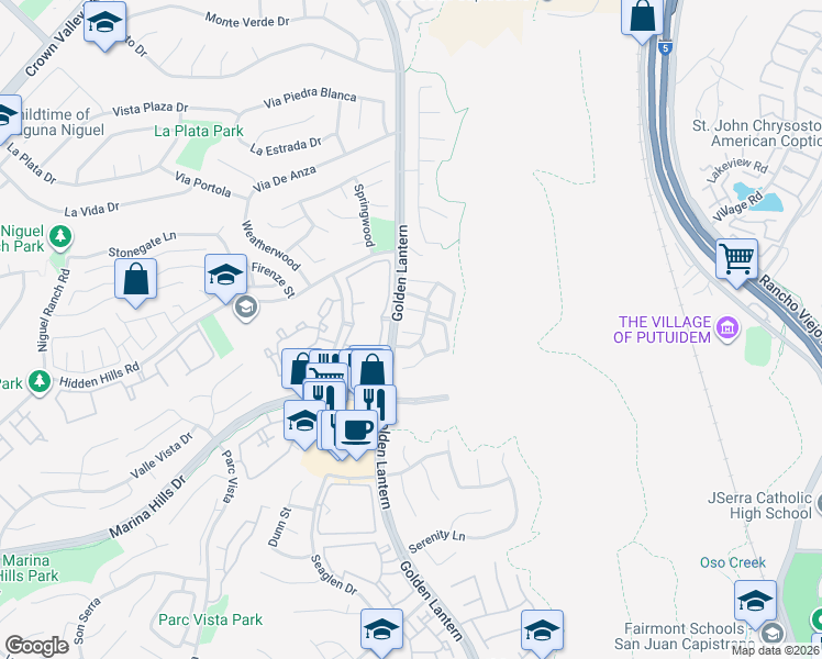 map of restaurants, bars, coffee shops, grocery stores, and more near 43 Aruba Street in Laguna Niguel
