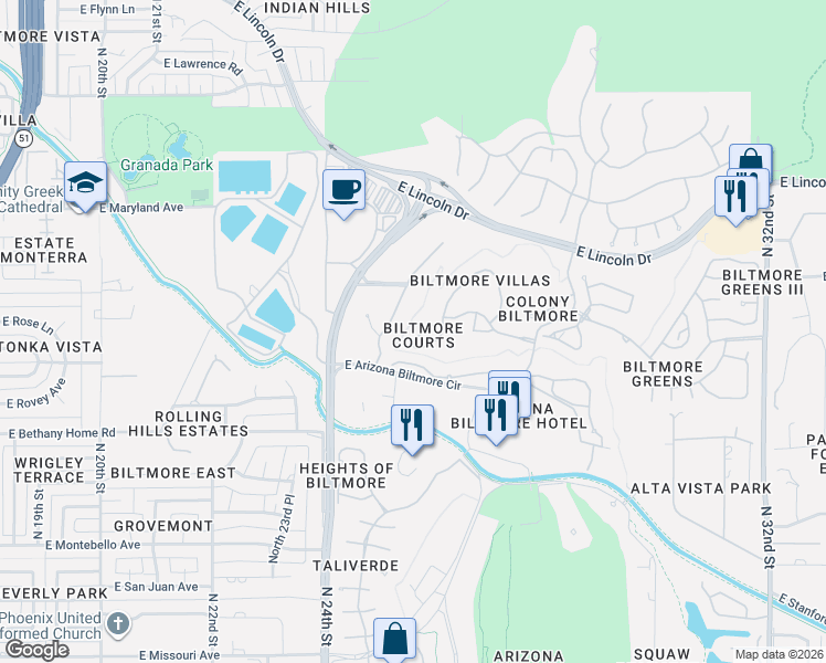 map of restaurants, bars, coffee shops, grocery stores, and more near 6102 North 28th Street in Phoenix