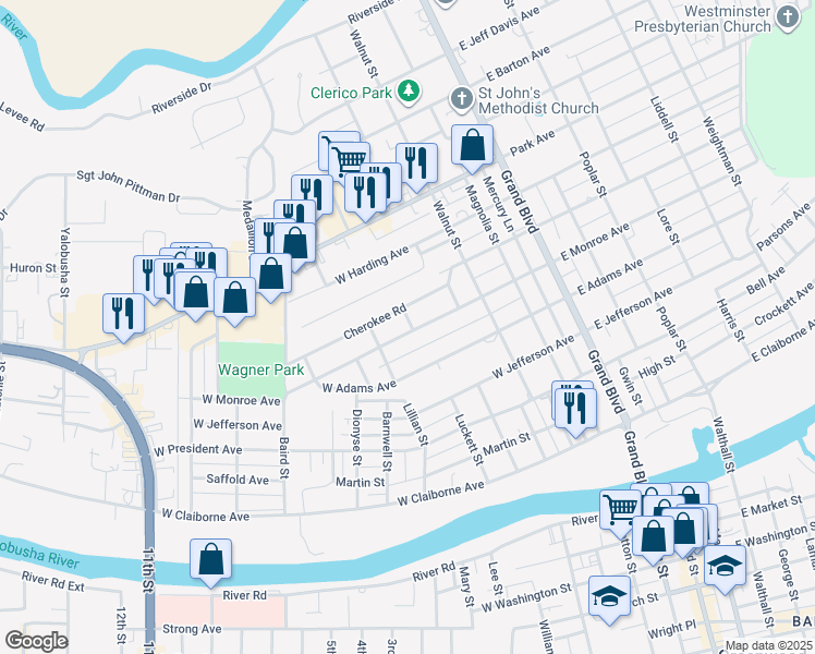 map of restaurants, bars, coffee shops, grocery stores, and more near 341 West Monroe Avenue in Greenwood