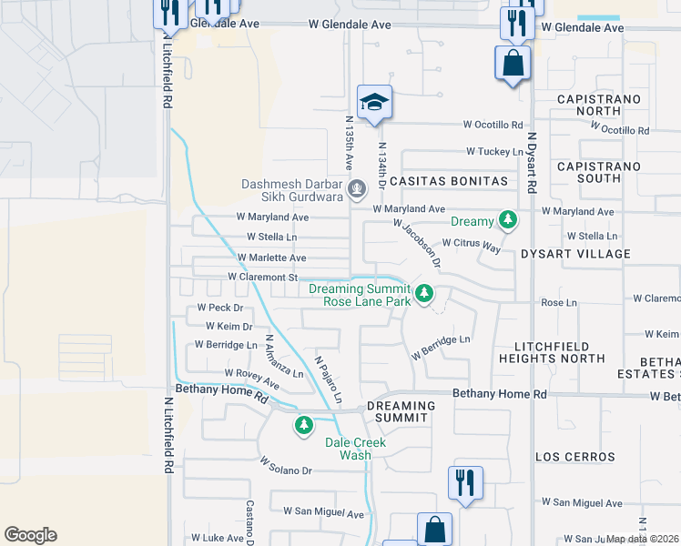 map of restaurants, bars, coffee shops, grocery stores, and more near 13508 W Claremont St in Litchfield Park