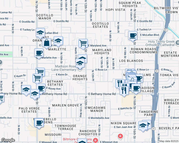 map of restaurants, bars, coffee shops, grocery stores, and more near 6109 North 12th Place in Phoenix