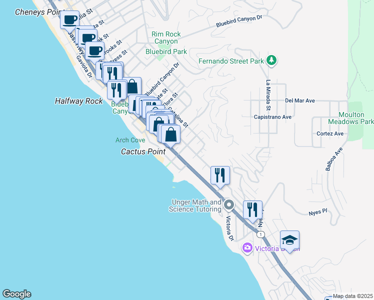 map of restaurants, bars, coffee shops, grocery stores, and more near 2101 Glenneyre Street in Laguna Beach