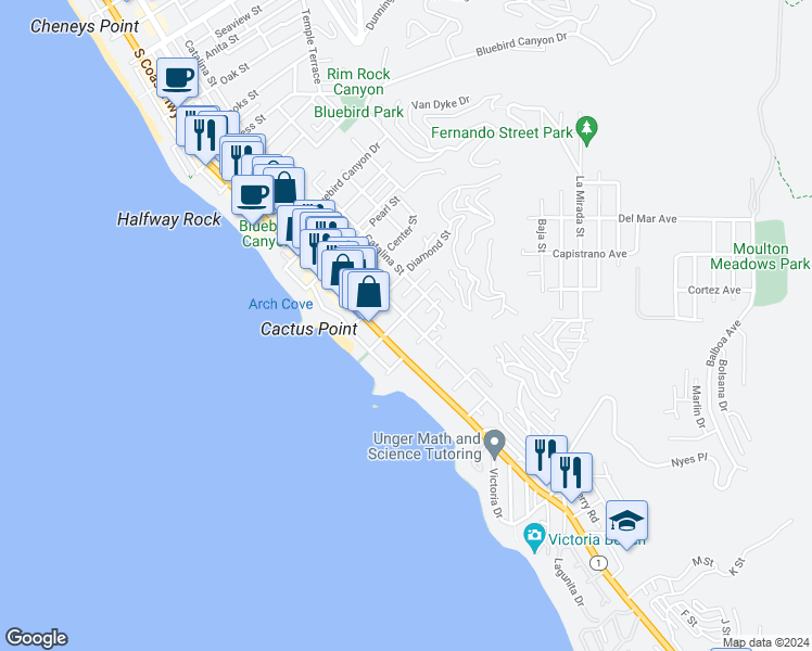 map of restaurants, bars, coffee shops, grocery stores, and more near 2101 Glenneyre Street in Laguna Beach