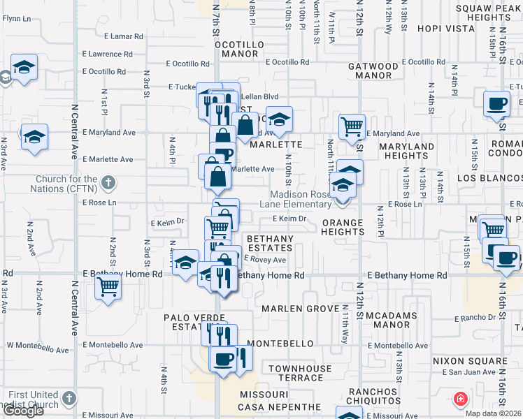 map of restaurants, bars, coffee shops, grocery stores, and more near 907 East Keim Drive in Phoenix