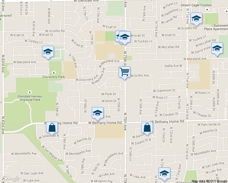 map of restaurants, bars, coffee shops, grocery stores, and more near 7575 West Peck Drive in Glendale
