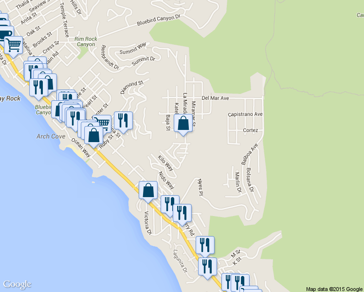 map of restaurants, bars, coffee shops, grocery stores, and more near 2590 Iris Way in Laguna Beach