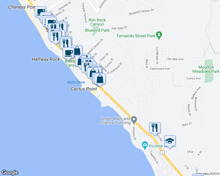 map of restaurants, bars, coffee shops, grocery stores, and more near 2160 South Coast Highway in Laguna Beach