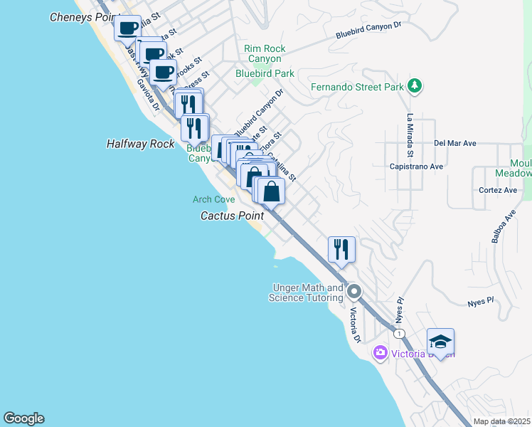 map of restaurants, bars, coffee shops, grocery stores, and more near 2090 Ocean Way in Laguna Beach