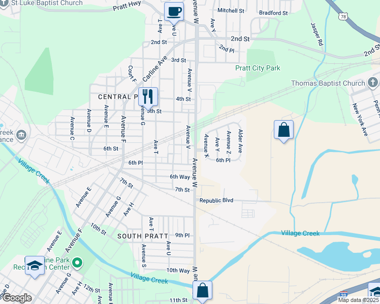 map of restaurants, bars, coffee shops, grocery stores, and more near 624 Avenue V in Birmingham