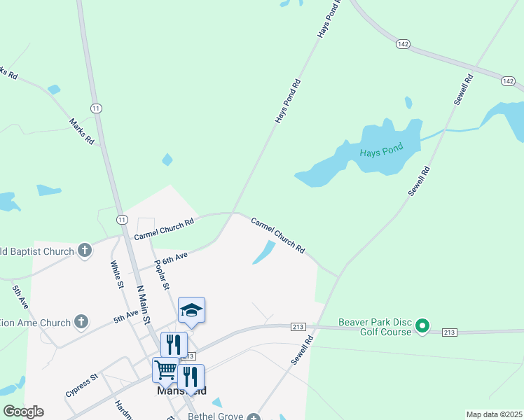 map of restaurants, bars, coffee shops, grocery stores, and more near 225 Carmel Church Road in Mansfield