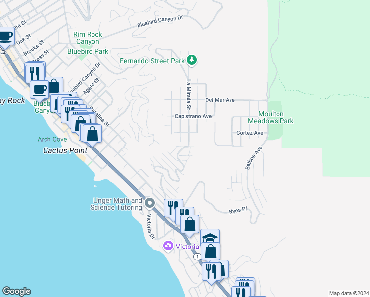 map of restaurants, bars, coffee shops, grocery stores, and more near 785 Alta Vista Way in Laguna Beach