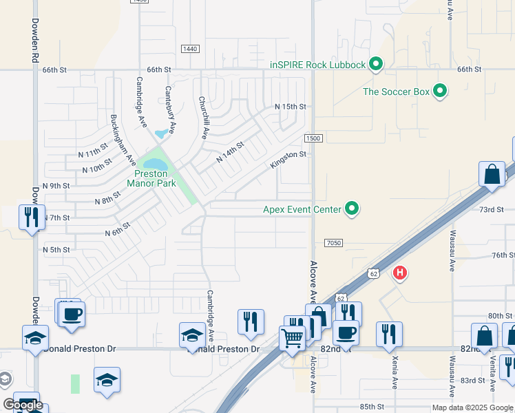 map of restaurants, bars, coffee shops, grocery stores, and more near 1107 Preston Trails in Wolfforth
