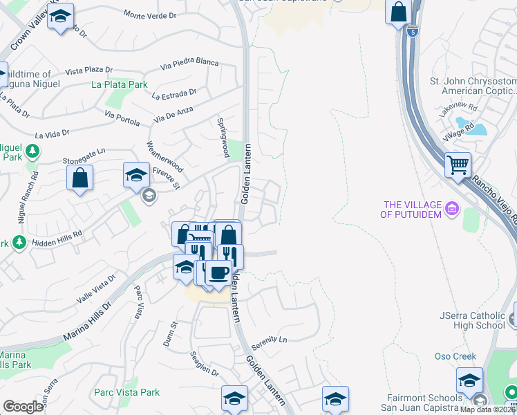 map of restaurants, bars, coffee shops, grocery stores, and more near 43 Aruba Street in Laguna Niguel