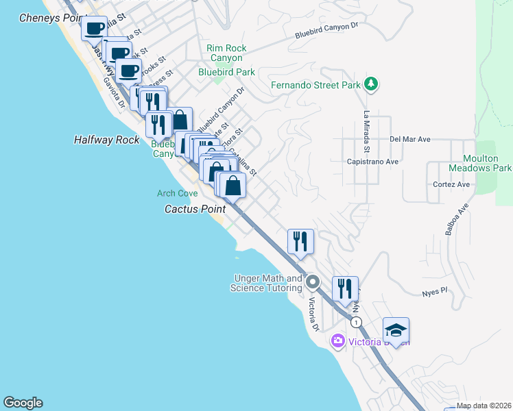 map of restaurants, bars, coffee shops, grocery stores, and more near 2160 South Coast Highway in Laguna Beach