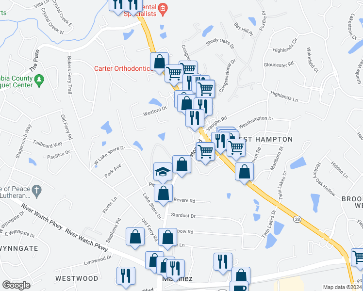 map of restaurants, bars, coffee shops, grocery stores, and more near 106 Bellewood Drive in Martinez