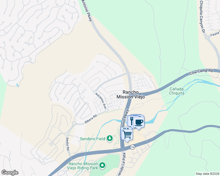 map of restaurants, bars, coffee shops, grocery stores, and more near 12 Rastro Street in Mission Viejo