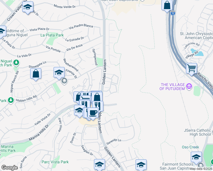 map of restaurants, bars, coffee shops, grocery stores, and more near 15 Aruba Street in Laguna Niguel