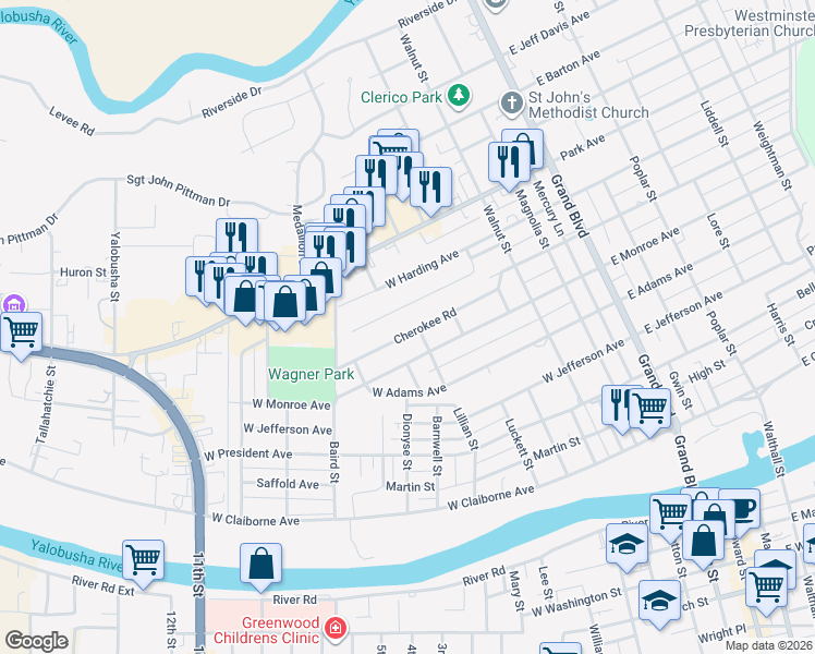 map of restaurants, bars, coffee shops, grocery stores, and more near 600 West Monroe Avenue in Greenwood