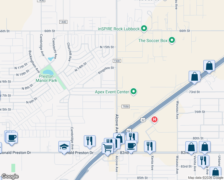 map of restaurants, bars, coffee shops, grocery stores, and more near 1221 Preston Trails in Wolfforth
