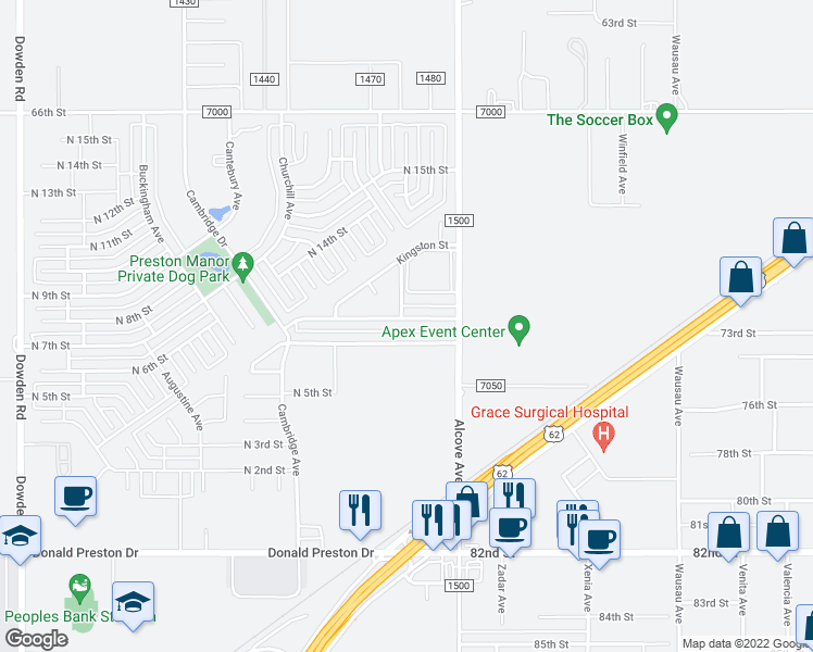 map of restaurants, bars, coffee shops, grocery stores, and more near 1207 Preston Trails in Wolfforth
