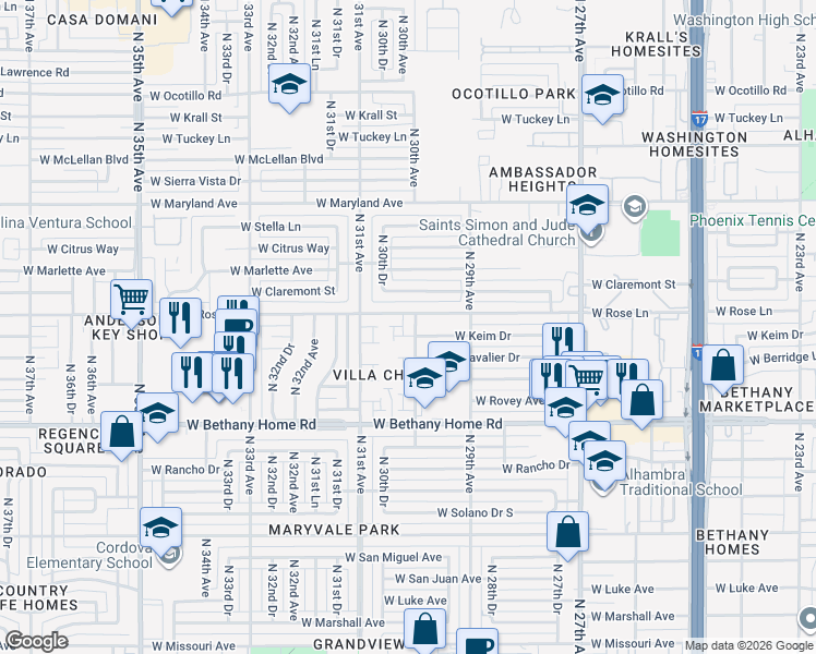 map of restaurants, bars, coffee shops, grocery stores, and more near 6130 North 30th Avenue in Phoenix