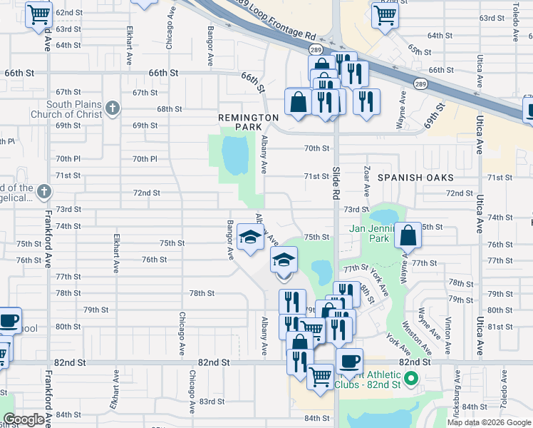 map of restaurants, bars, coffee shops, grocery stores, and more near 16 Albany Avenue in Lubbock