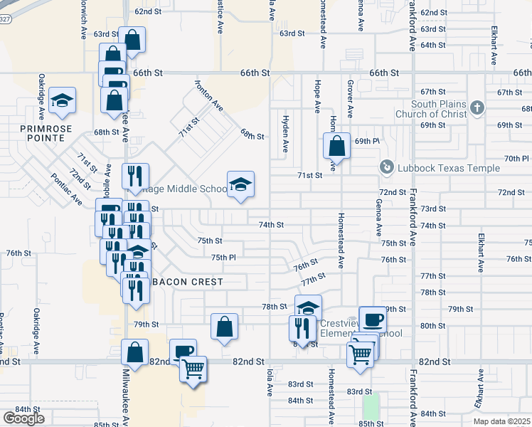 map of restaurants, bars, coffee shops, grocery stores, and more near 6105 74th Street in Lubbock