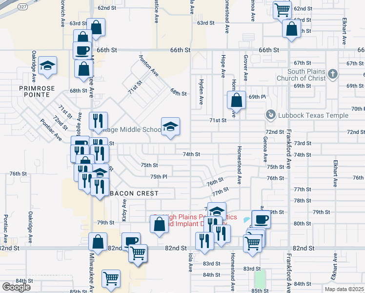 map of restaurants, bars, coffee shops, grocery stores, and more near 6105 74th Street in Lubbock