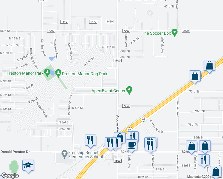 map of restaurants, bars, coffee shops, grocery stores, and more near 1221 Preston Trails in Wolfforth