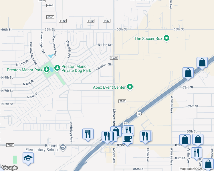 map of restaurants, bars, coffee shops, grocery stores, and more near 1243 North 7th Street in Wolfforth