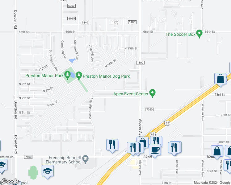 map of restaurants, bars, coffee shops, grocery stores, and more near 1107 Preston Trails in Wolfforth