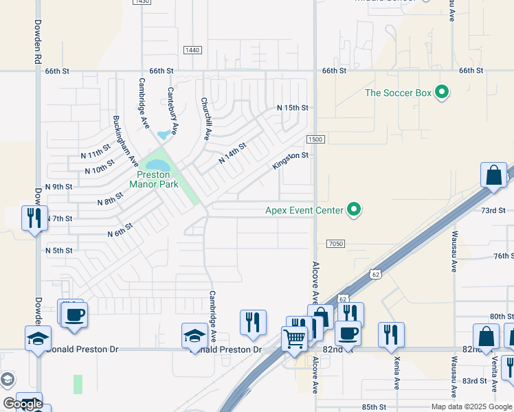 map of restaurants, bars, coffee shops, grocery stores, and more near 1107 Preston Trails in Wolfforth