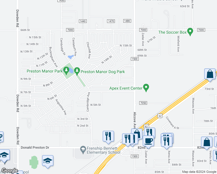map of restaurants, bars, coffee shops, grocery stores, and more near 1107 Preston Trails in Wolfforth