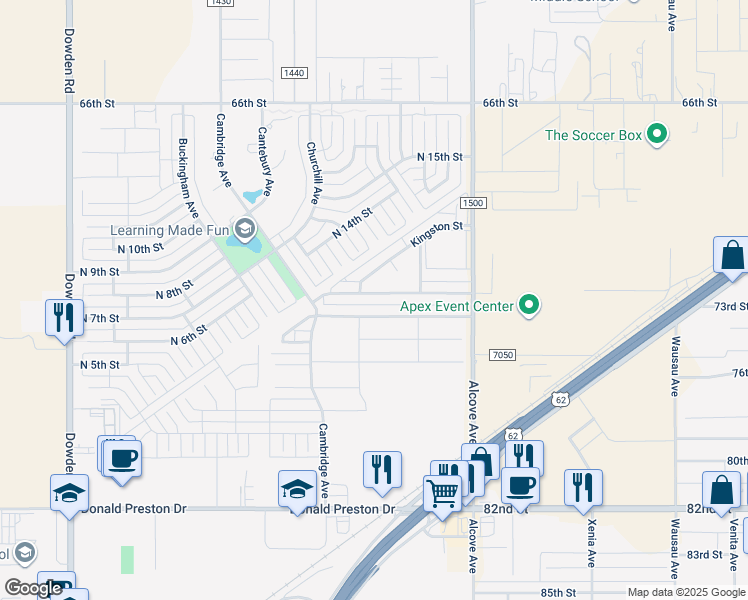 map of restaurants, bars, coffee shops, grocery stores, and more near 1107 Preston Trails in Wolfforth