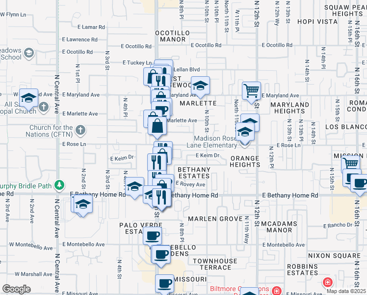 map of restaurants, bars, coffee shops, grocery stores, and more near 907 East Keim Drive in Phoenix