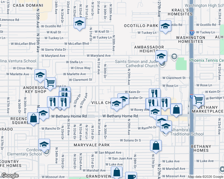 map of restaurants, bars, coffee shops, grocery stores, and more near 6130 North 30th Avenue in Phoenix