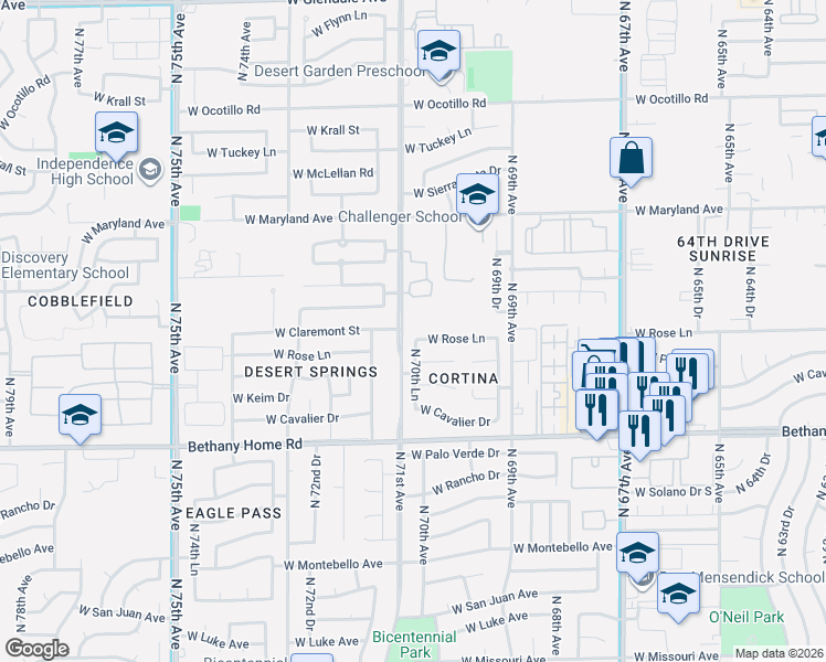 map of restaurants, bars, coffee shops, grocery stores, and more near 6248 North 70th Lane in Glendale