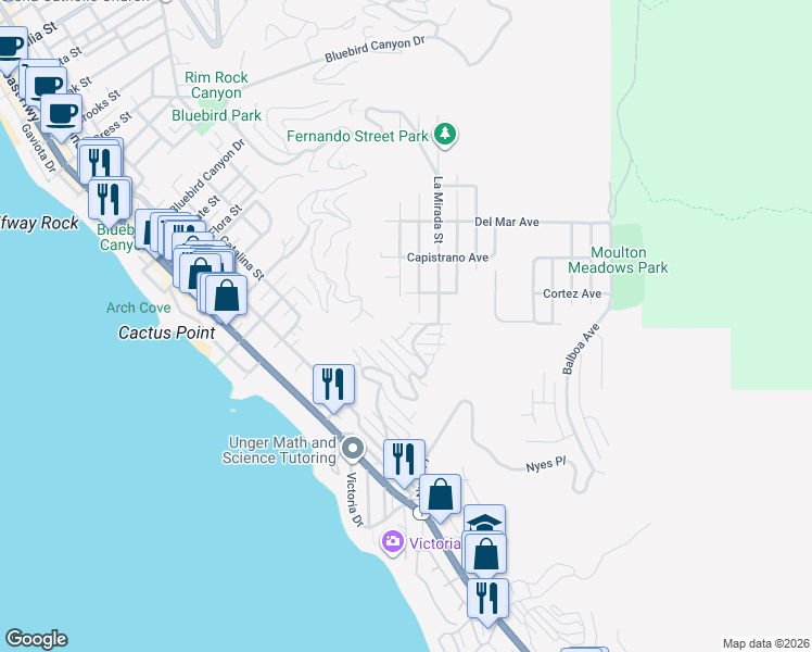 map of restaurants, bars, coffee shops, grocery stores, and more near 2590 Iris Way in Laguna Beach